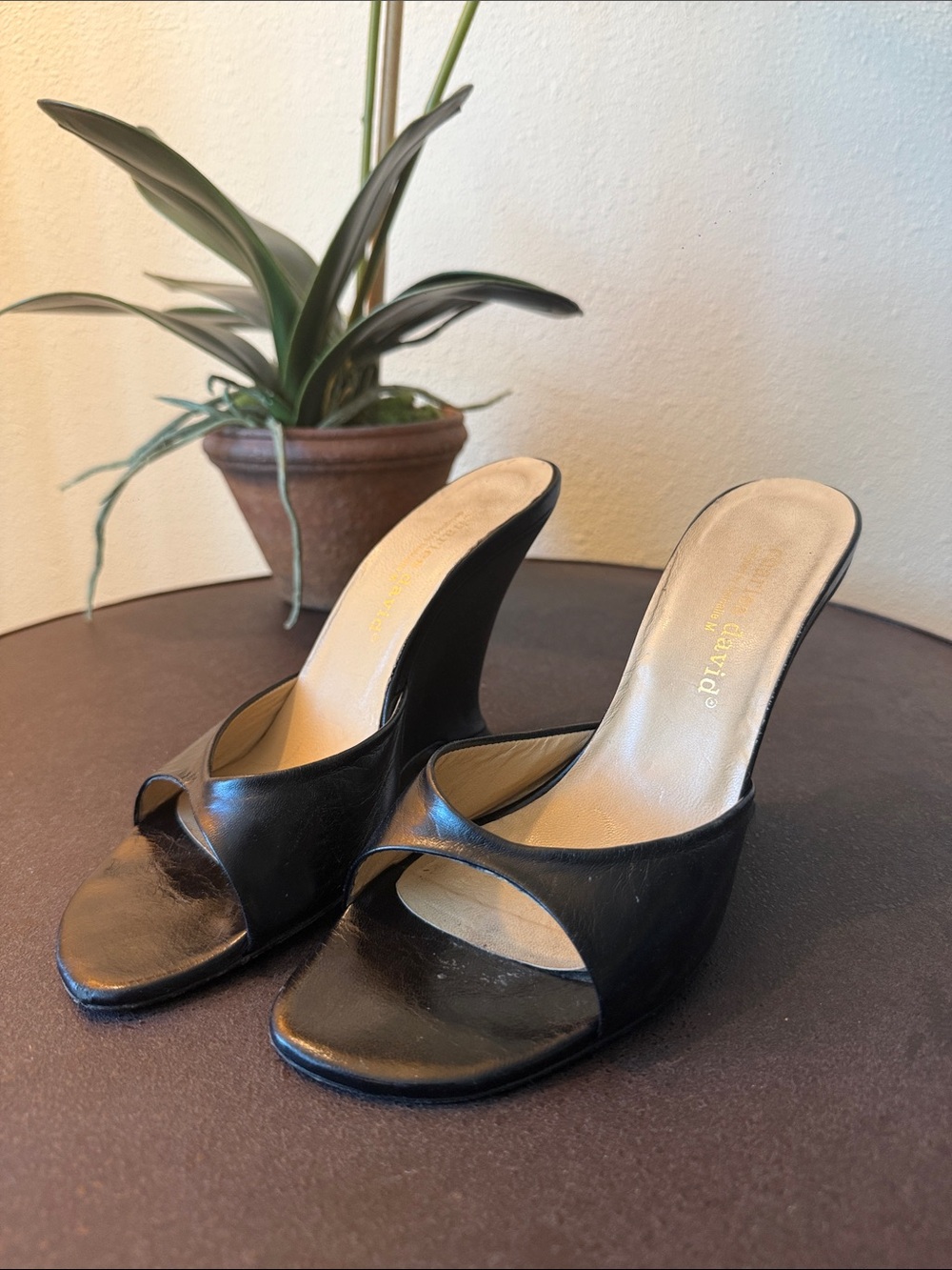 Charles David Black Leather Open-Toe Wedge Heeled Mules Size7B
